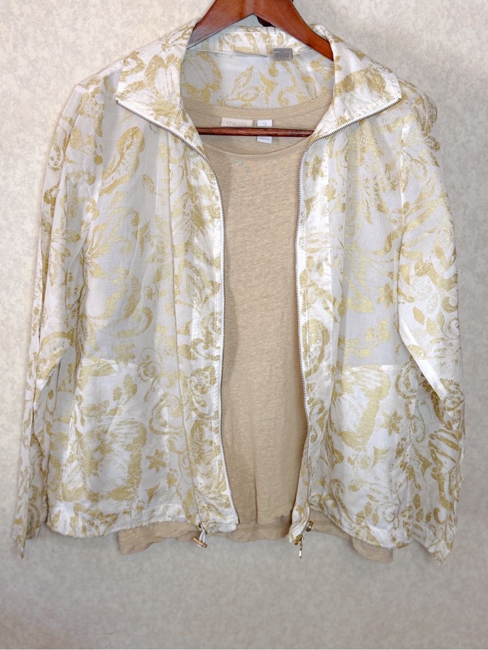 Chico’s White & Gold Damask Print Zip Jacket & Linen-Blend Shirt Set L EUC - Picture 2 of 12